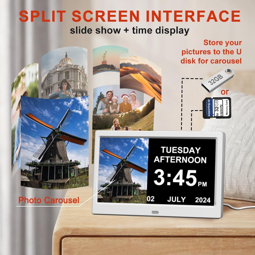 Alarm Clock with Day and Date for Elderly Digital Calendar Clock Photo Frame- Auto Dimmable Display 15 Alarm Options (10inch White)