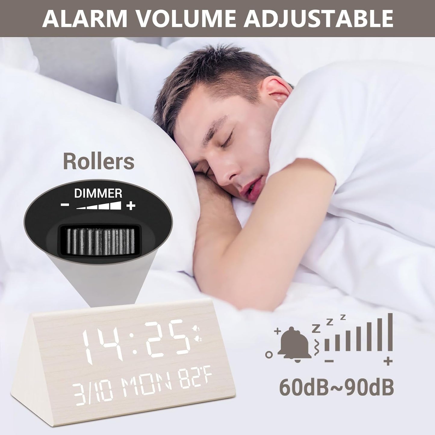 Kogonee Wooden Digital Alarm Clock, 0-100% Dimmer, 2 Alarm Settings, Weekday/Everyday Mode, 9 Mins Snooze, 12/24H, Temperature and Date Display for Office, Travel, Bedroom Alarm Clock (White)