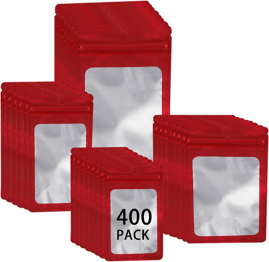 400 Pack 4 Sizes Resealable Mylar Holographic Bags Food Storage Smell Proof Bags with Front Window, Zipper Foil Packaging Pouch for Sample Jewelry Small Business (Red,3x4.7,3.1x5.5,4x 6,4.7x 7.9in)