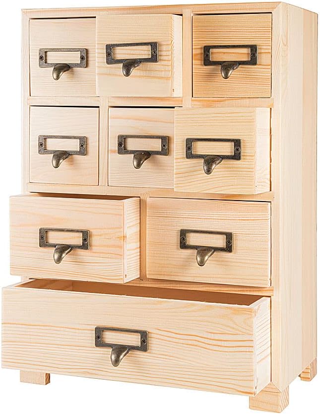 Apothecary Cabinet with 9 Drawers & Labels Rustic Library Card Catalog Cabinet Desktop Wooden Storage Box for Organize Herbal、Tea Bag、Jewelry (Wood)