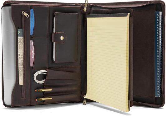 Genuine Leather Portfolio with Front Pocket for Men and Women, 8.5 x 11 Legal Pad Notepad Holder, Zippered Business Organizer, Professional Executive Letter Notebook Folder for Work, Dark Brown