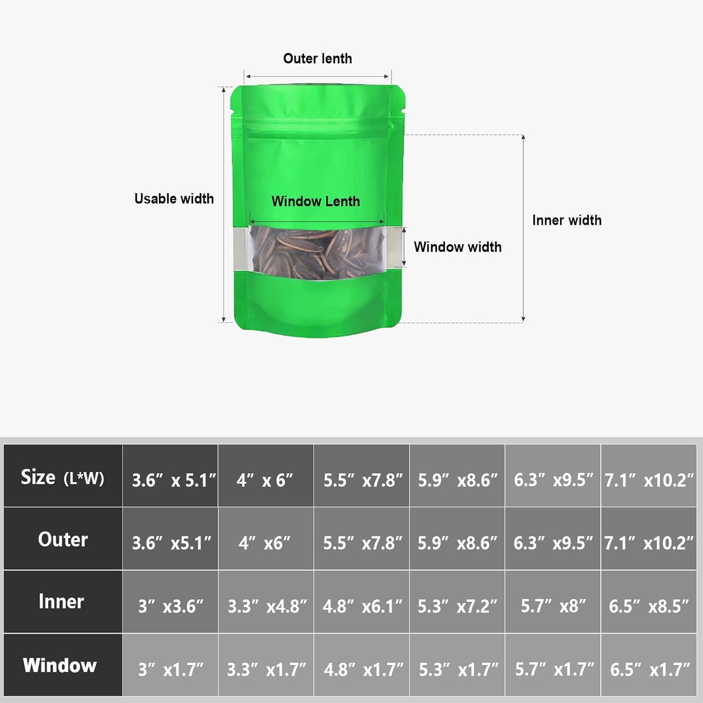 7.1"x10.2" 1 Quart 120pcs Mylar Bags for Food Storage,Smell Proof Bag with Matte Window Resealable Food Storage Bags for Small Business, Stand-up Foil Pouch Packaging Freeze Dried Candy Bag（Green）