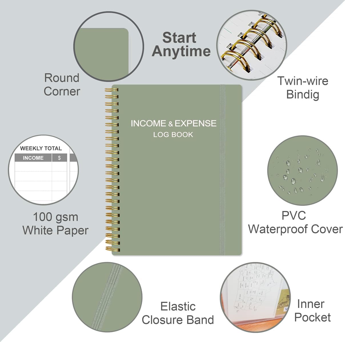 Heveboik Income & Expense Log Book - A4 Income and Expense Tracker for Small Business, Accounting Bookkeeping Tracking for Woman and Man, 8" x 10.5", Green