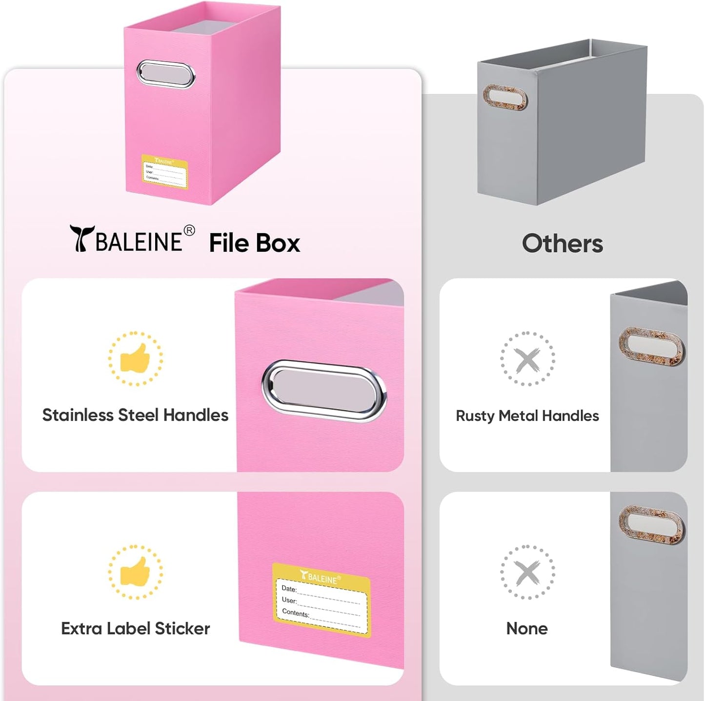 BALEINE File Organizer Box, Cardboard File Folder Organizer with Handle for Letter Size, Portable Collapsible Hanging Filing Box for Home Office Document Storage (4 Pack, Pink)