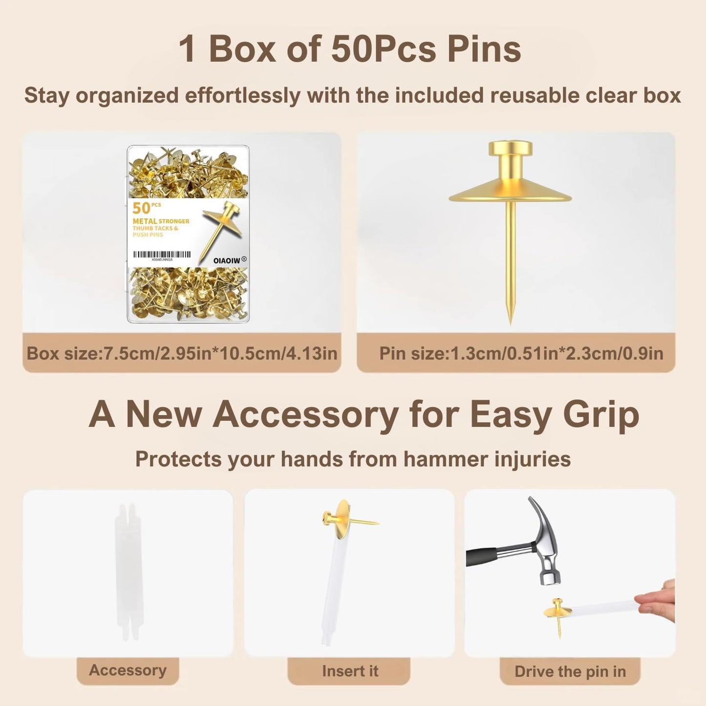 50pcs Gold Thumb Tacks for Picture Hangers - Heavy Duty Push Pins, Double Headed Thumbtacks for Hanging, Metal Wall Tacks, Pins, Nails, Hooks (Gold)