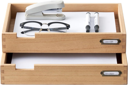 KIRIGEN Wood Desk Organizer Set of 2 Stackable Paper Tray Desktop Document Storage Wooden Letter Trays 2TTP-NA