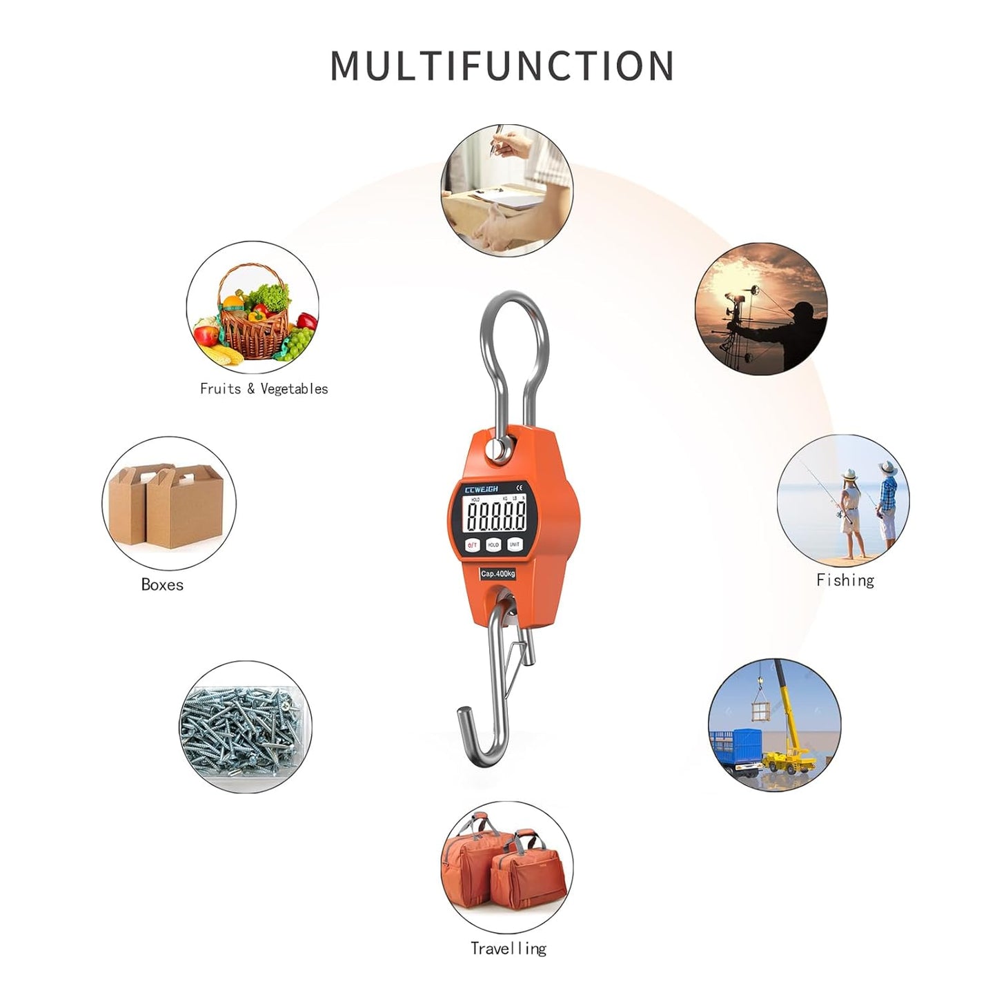 Hanging Scale Handheld 880lb/400kg Crane Scale Luggage Scale,with ABS Plastic case & Big LCD Display, Portable Digital Mini Crane Scale Fishing Scale，for Gym,Hunting,Travelling,Farming（Orange）