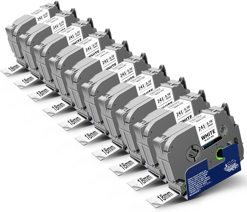 10-Pack Tz 18mm 0.7" Laminated White Tape Compatible for Brother Tze-241 Tze241 Tz-241 Tz241 P Touch Tze 18mm 3/4" Label Tape for PTD410 PTD400 PTD610BT PTD600 PTD460 Label Maker