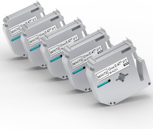 5 Pack M-K231 M Tape 12mm Compatible with M-K231s Brother Label Tape Black on White 0.47 Inch for P Touch PT-M95 PT95 PT65 PT-65 PT70 PT85 PT90 Label Maker Tape Refill