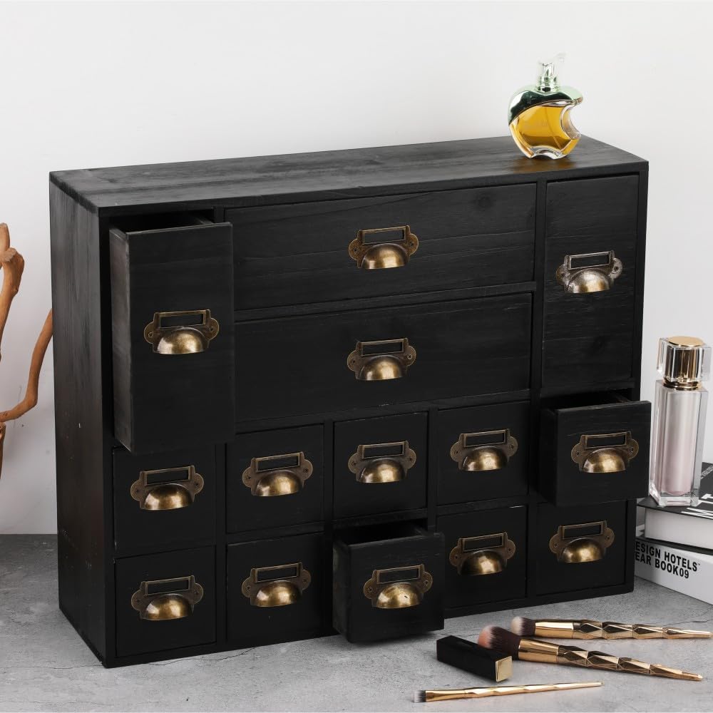 Apothecary Drawers Card Catalog Cabinet with 14 Drawers Wooden Card Catalog Wooden Storage Box for Desktop Organizer (Black)
