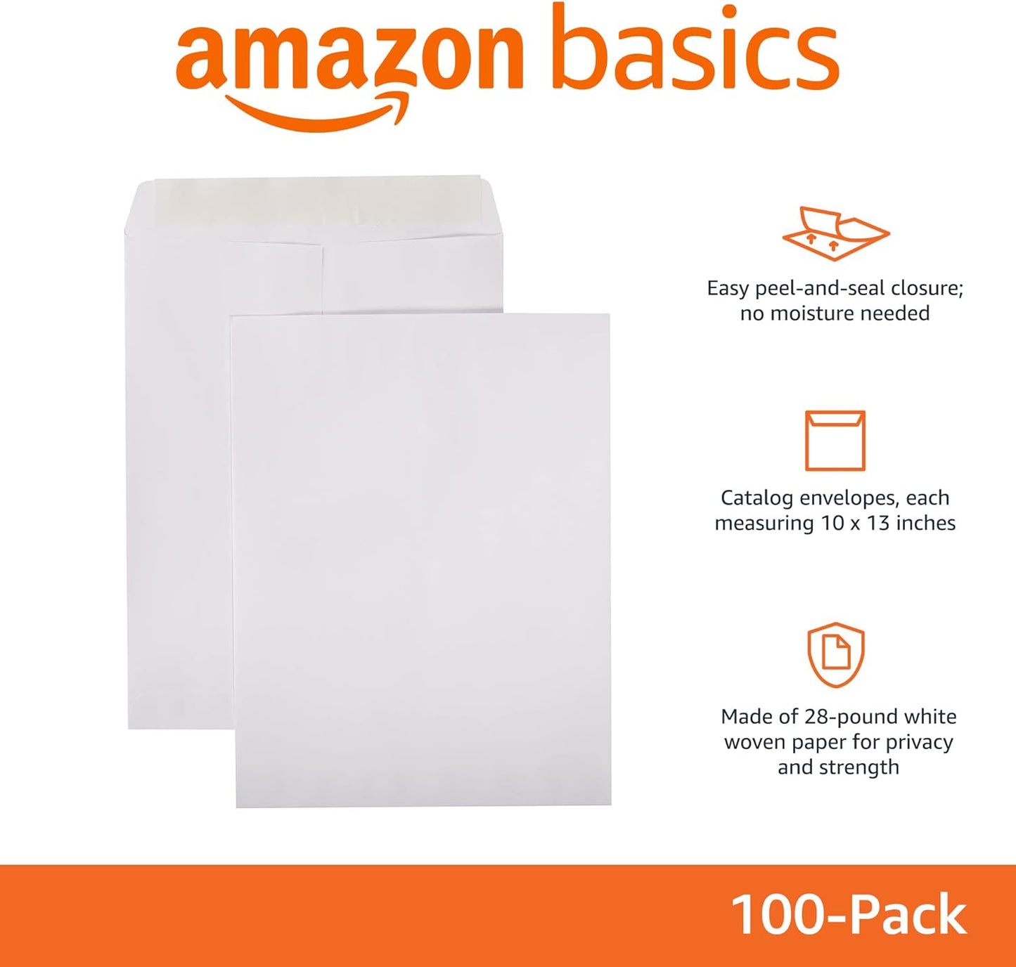 Amazon Basics Catalog Mailing Envelopes, Peel and Seal, 10x13 Inch, White, 100-Pack