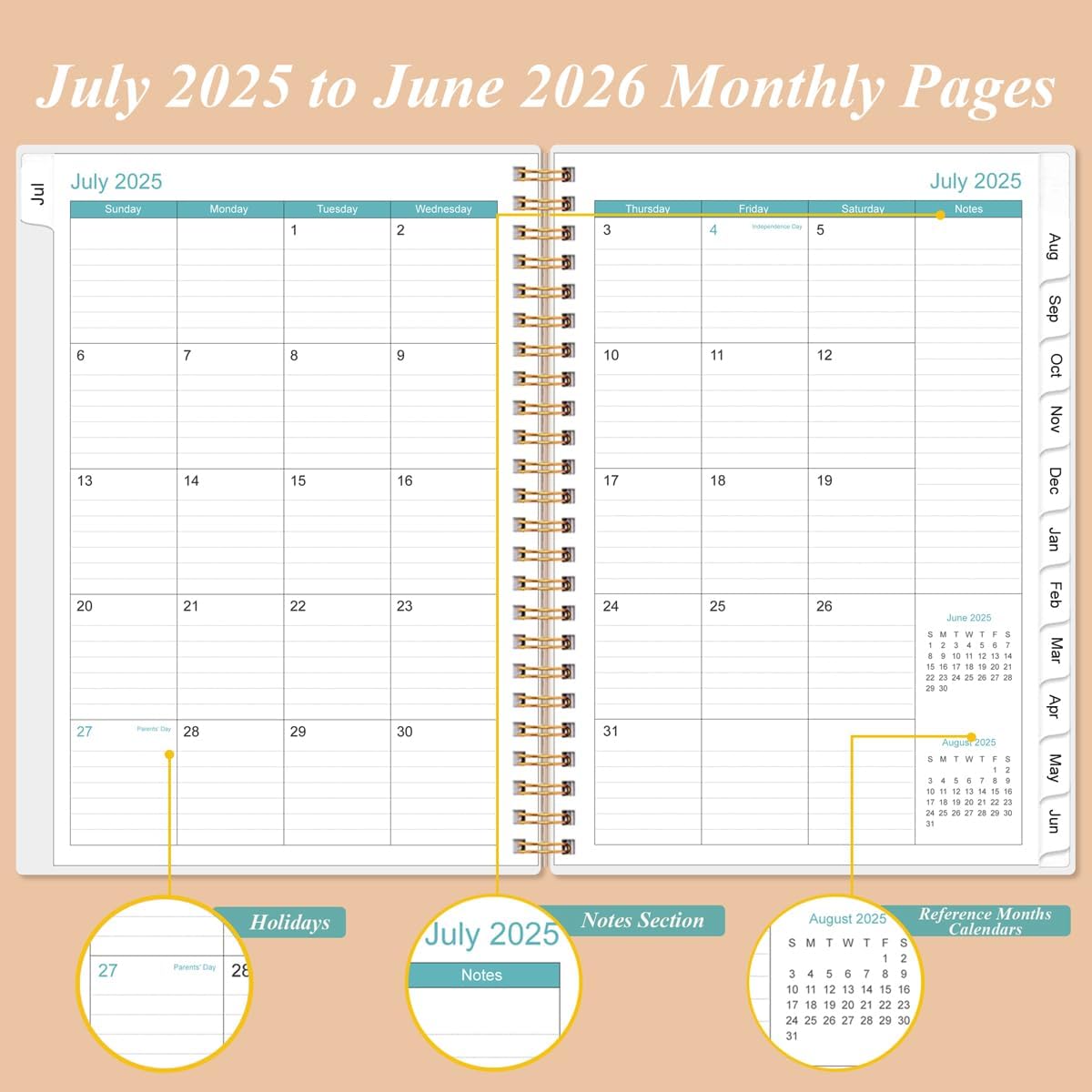 2025-2026 Daily & Monthly Planner - One Page Per Day, Daily Planner from July 2025 to June 2026, Planner 2025-2026 with 12 Monthly Tabs, 6.4" x 8.5", Rose Flower