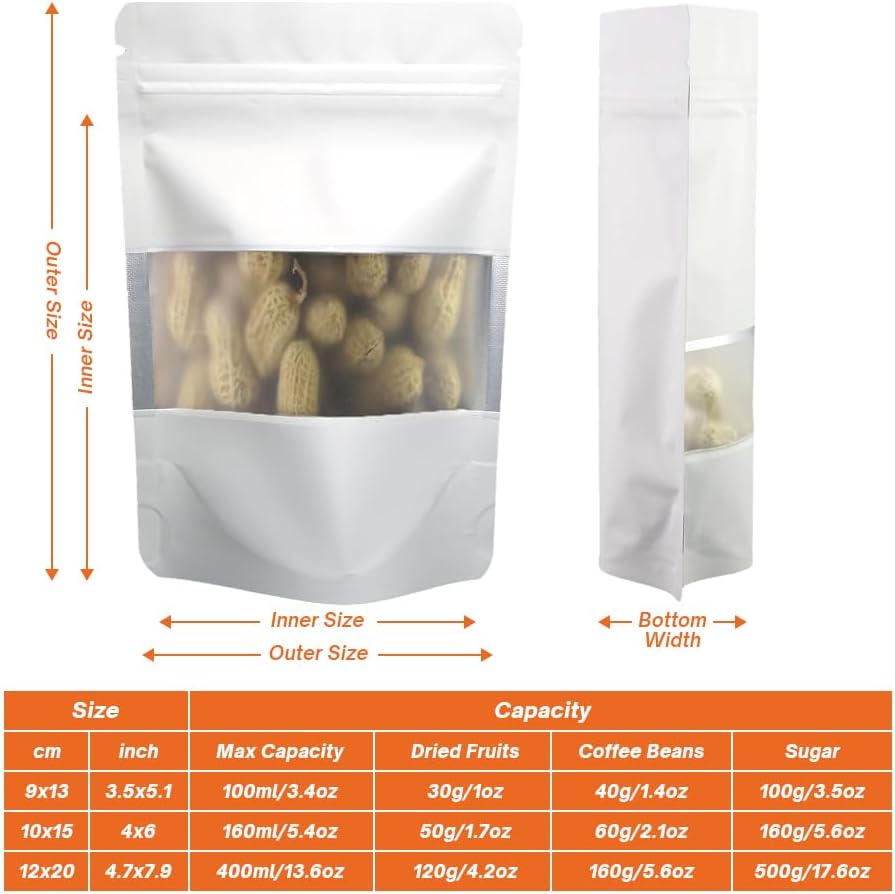 4CP 100 Pcs 3.5x5.0 Inch Zipper Smell Proof Bags with Window, Stand Up Foil Pouches for Food Selfsealing Storage, Reusable Bag for Packaging Small Business, Cookies, Nunt, Candy White