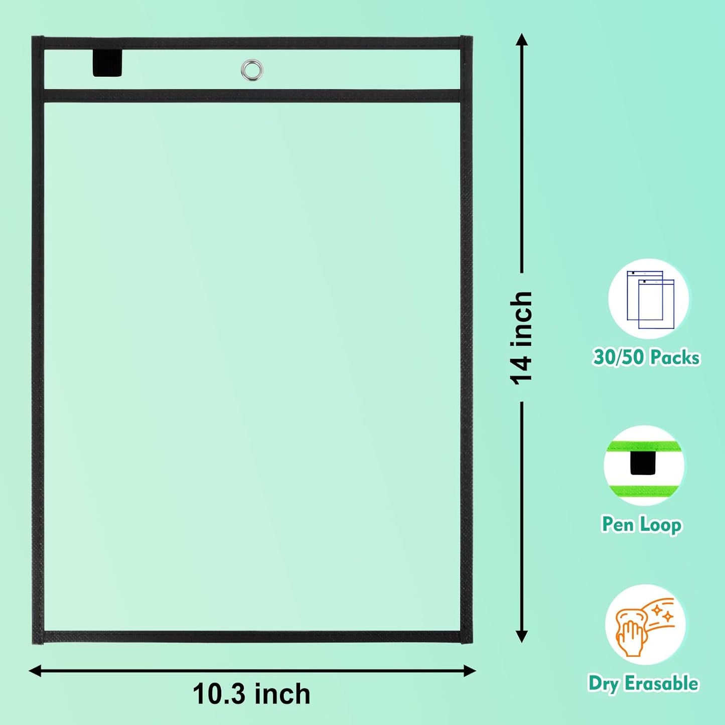 30 Packs Dry Erase Pocket Sleeves with 2-Ring, Reusable Clear Plastic Classroom Sleeves, 10x14 Inch Ticket Holders, Plastic Sleeves for School/Office Organization