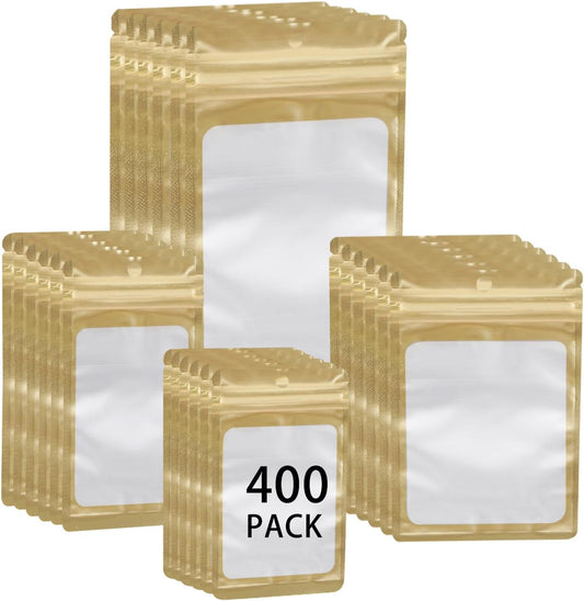 400 Pack 4 Sizes Resealable Mylar Holographic Bags Food Storage Smell Proof Bags with Front Window, Zipper Foil Packaging Pouch for Sample Jewelry Small Business (Gold,3x4.7,3.1x5.5,4x 6,4.7x 7.9in)