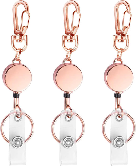 bolimoss 3 Pack Retractable Badge Reel Metal ID Badge Holder with Belt Clip Key Ring for Name Card Keychain for Nurse,Volunteer,Teacher,Student (Rose Gold)