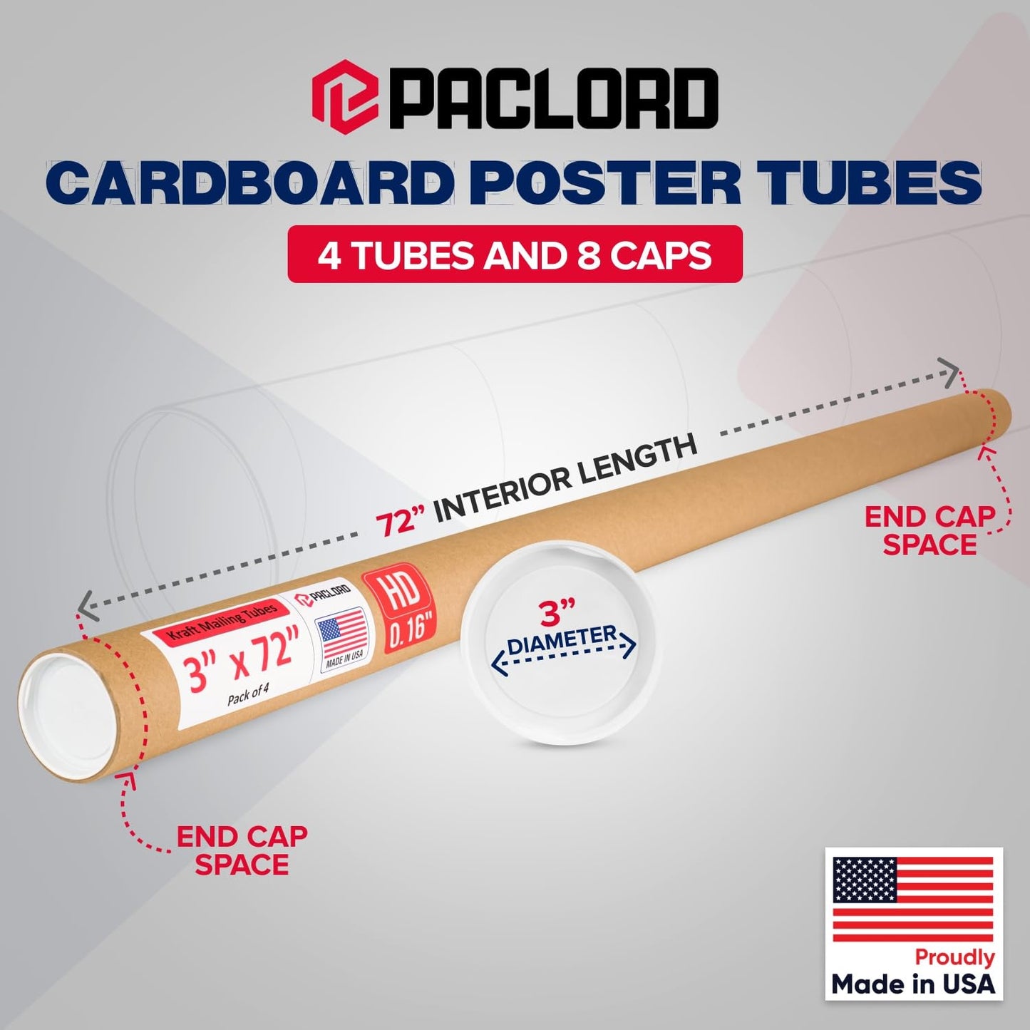 3" x 72" Heavy-Duty Reinforced Cardboard Mailing Tube, Pack of 4 Tubes with 8 Caps – Secure USPS Approved – Great for Shipping and Storing of Prints, Artwork, Posters or Documents