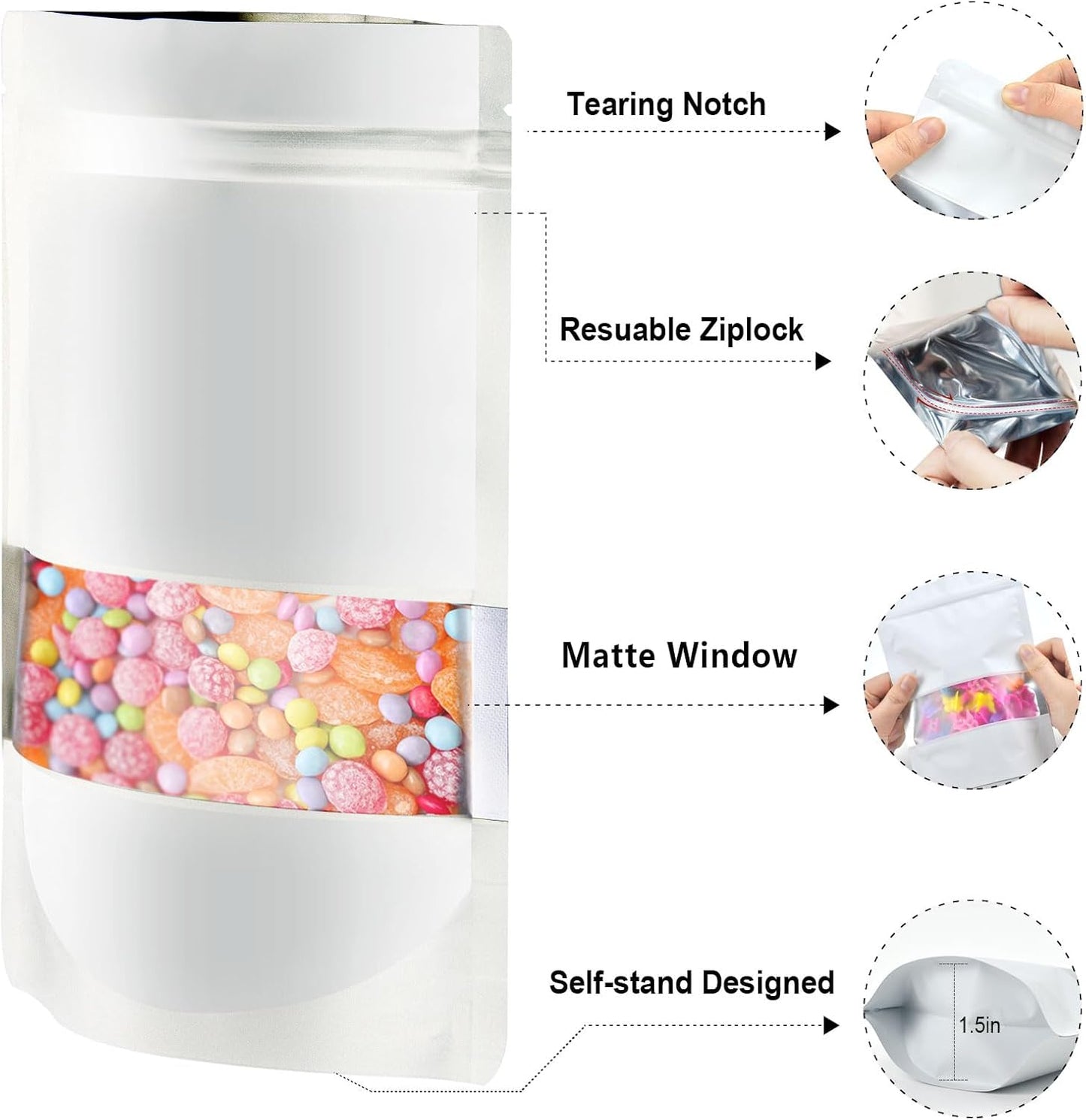 4"x6" 120pcs Mylar Bags for Food Storage,Smell Proof Bag with Matte Window Resealable Food Storage Bags for Small Business, Stand-up Foil Pouch Packaging Freeze Dried Candy Bag（White）