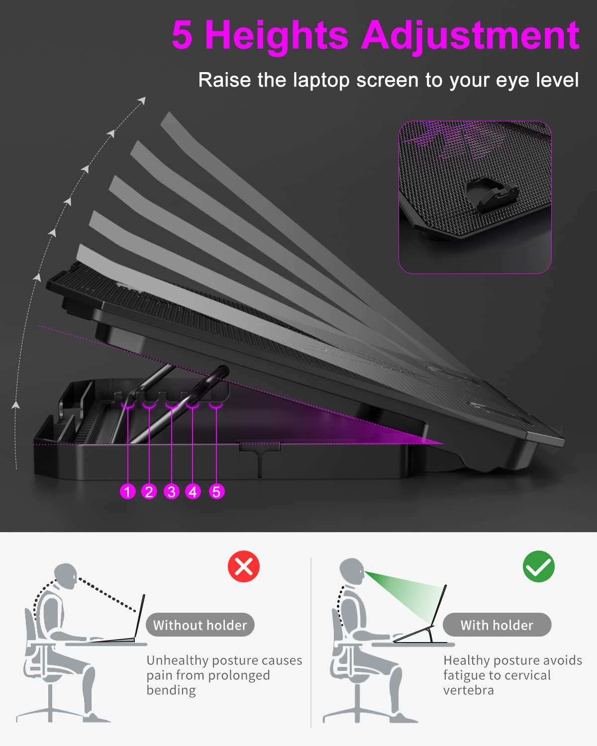 KeiBn Upgrade Laptop Cooling Pad, KeiBn Laptop Cooler 2 Fans for 10-15.6 Inch Laptops, 5 Height Stands, 2 USB Ports (S039-Purple)