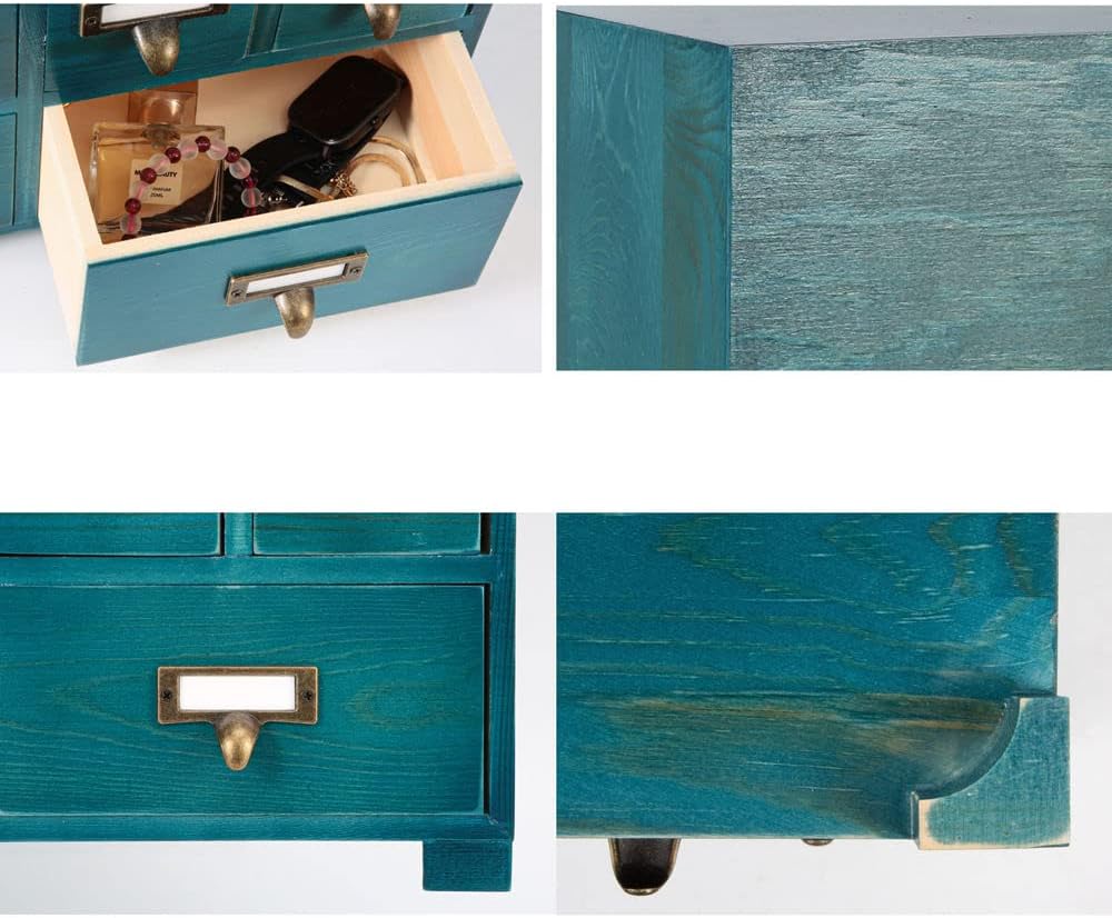 Apothecary Cabinet with 10 Drawers & Labels Rustic Library Card Catalog Cabinet Desktop Wooden Storage Box for Organize Herbal、Tea Bag、Jewelry (Blue)
