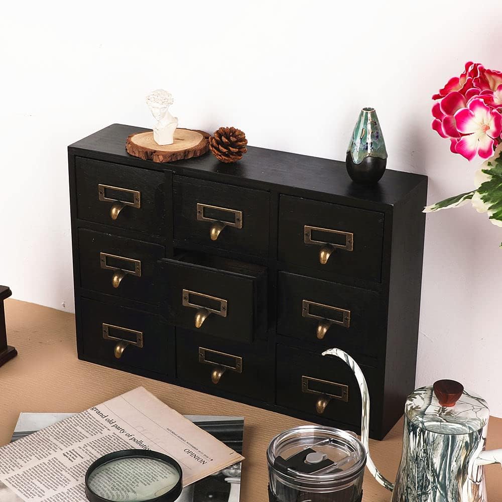 09 Drawers Apothecary Cabinet with Drawers Tabletop Apothecary Chests and Cabinets Library Card Catalog Cabinet Herb Storage Box Wooden Desk Drawer Organizer Medicine Vintage Furniture(BLACK)