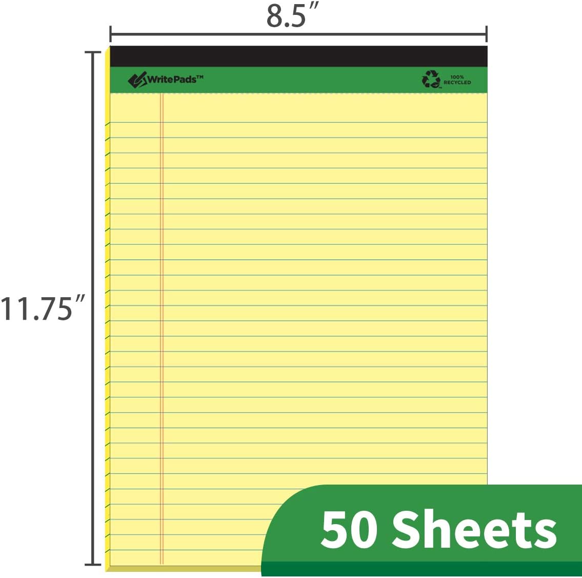KAISA Yellow Legal Pads Writing Pads Recycled Paper, 8.5"x11.75" Wide Ruled Perforated 50 sheets Hard Back Notepads 8-1/2"x 11-3/4" Writing Tablet Canary For Office Supplies (Pack of 12pc) KSU-5668