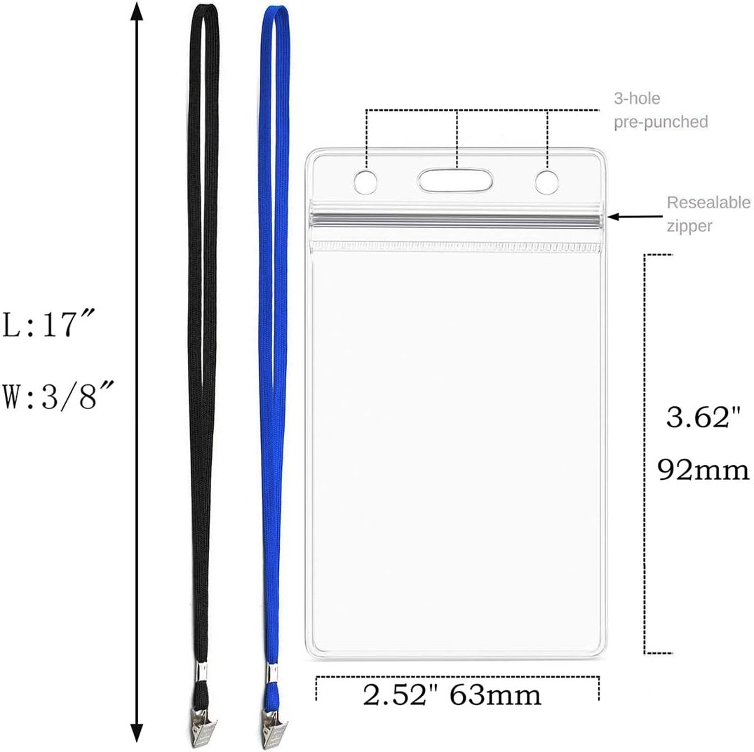 Bird Fiy® 50 Pack Lanyards with Bulldog Clip and 50 Pack Waterproof Clear Plastic Vertical Name Tag Badge ID Card Holders(Blue)