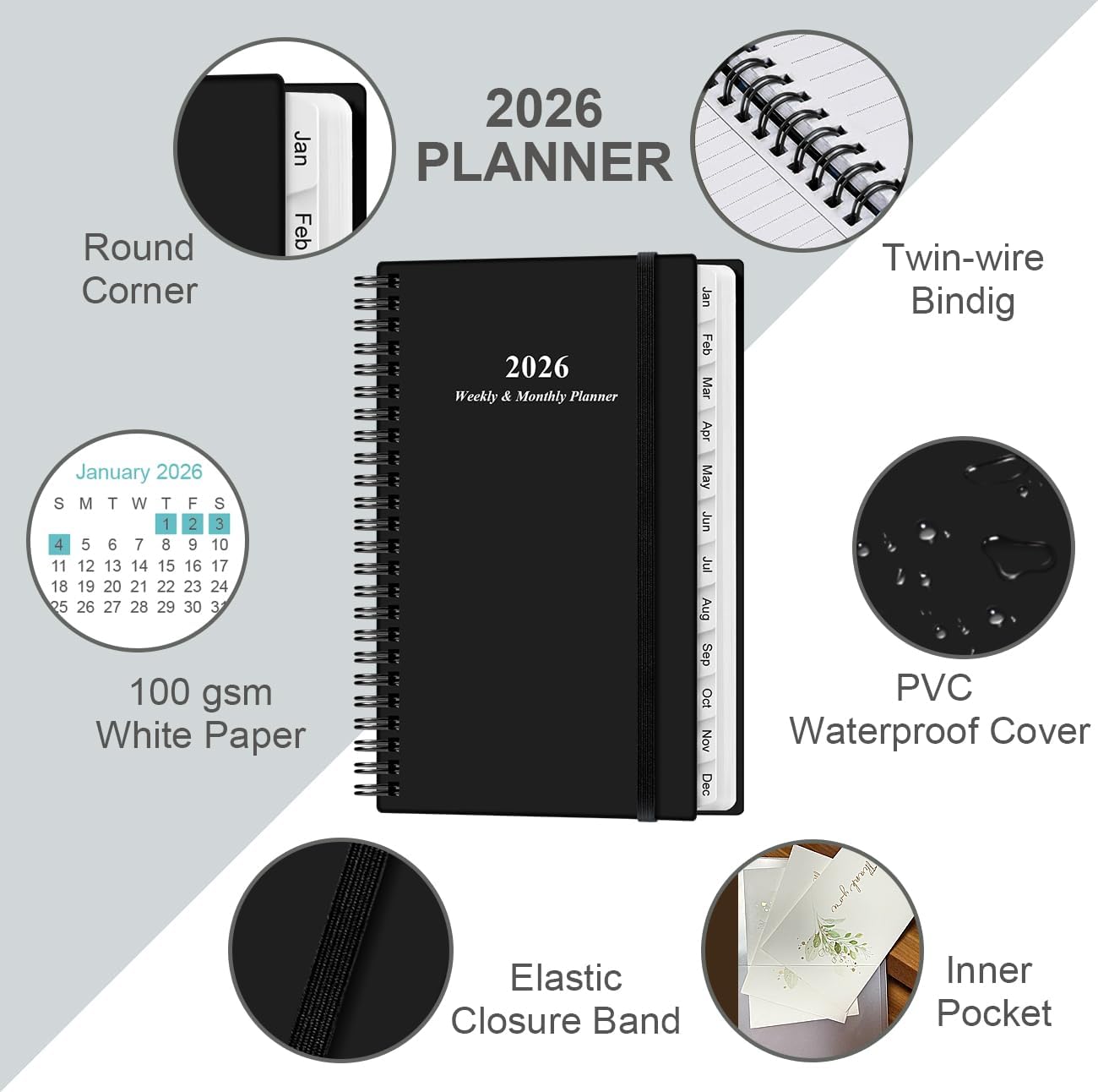 2026 Pocket Planner/Calendar - 2026 Planner from January 2026 - December 2026, Planner 2025 with 12 Tabs, Twin-Wire Binding, Inner Pocket, 3.75" x 6.75, Black