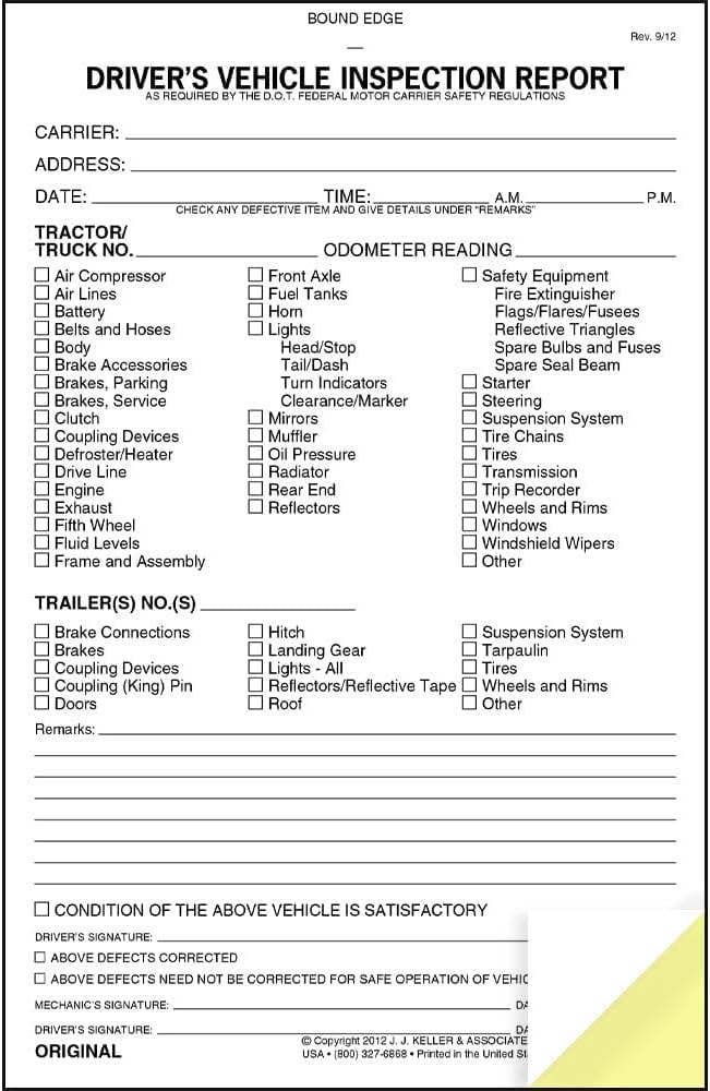 J. J. Keller & Associates, Inc. Detailed Driver's Vehicle Inspection Report - Book Format with 31 Sets, 2-Ply Carbonless, 5.5" x 8.5", Meets FMCSR Requirements