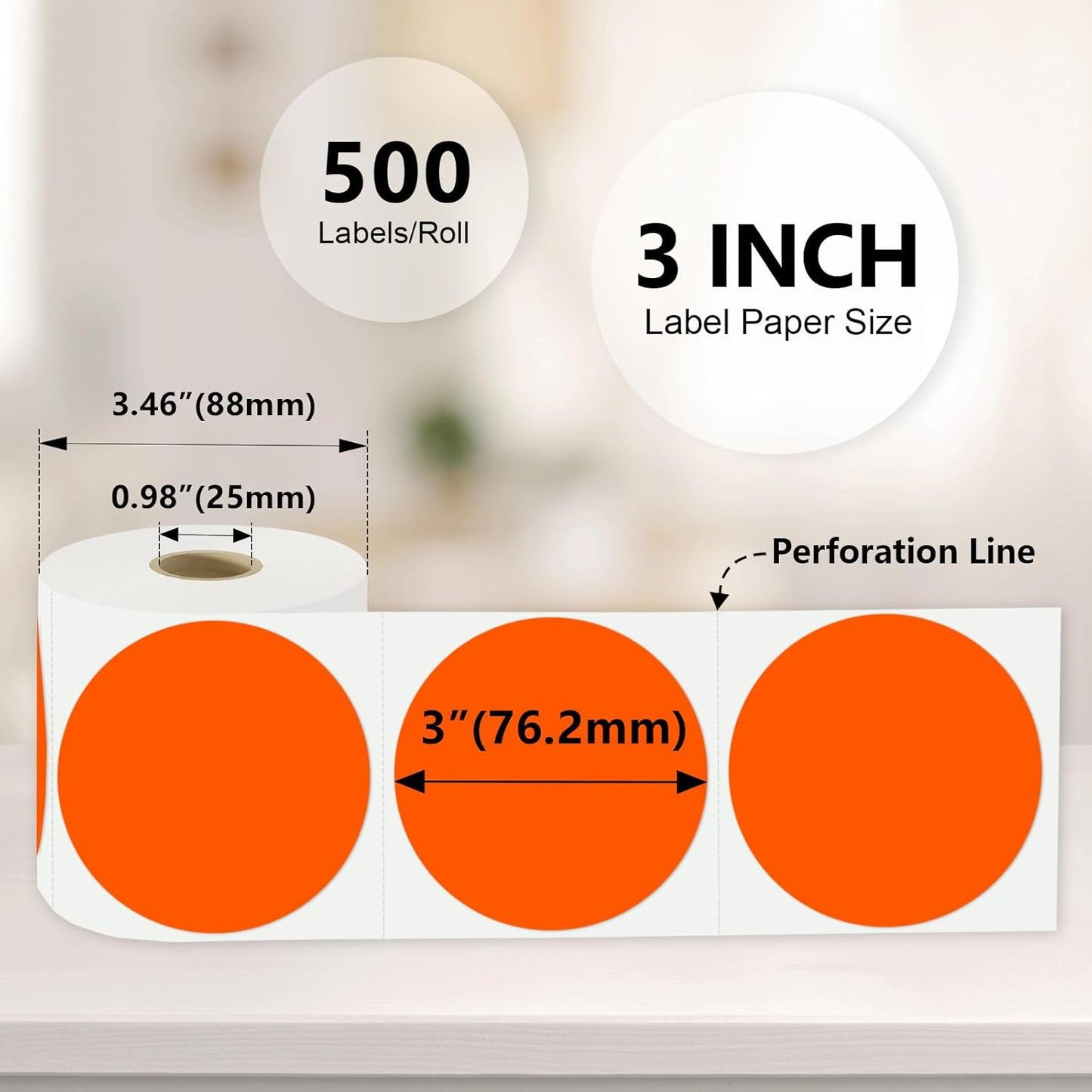 3 x 3Inch Round Color Coding Labels Circle Thermal Labels Printable Waterproof 500Pcs Round Stickers Adhesive Writable For Office,Home,Garage,DIY Sticker,Barcodes,Name Tag,Fluorescent Orange