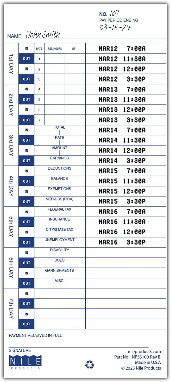 Nile Products - 200 Authorized Single Sided Time Cards for Pyramid Manual Side Print Timeclock and Document Stamp [ NP35100-PK2], Pyramid 35100-10 Compatible (4 W x 9 H Inches) - 200 Time Cards