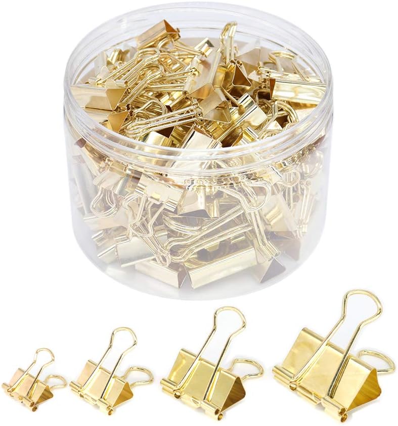 Binder Clip Paper Clamps, Assorted Sizes (Mini, Small, Medium, Large), 100 Pcs Clips for Office School Supplies (Gold)