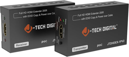 J-Tech Digital HDMI Extender 1080P 60Hz Over Single CAT 5e/6/7 PoC (Power Over Cable) up to 165ft, Deep Color EDID Copy Zero Signal Loss [JTD-HDEX-1PV2]