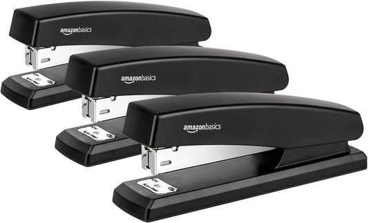 Amazon Basics Desktop Stapler with 1000 Staples, Office Stapler, Lightweight, Easy to Use, 25 Sheet Capacity, Non-Slip, Black, 3 Pack