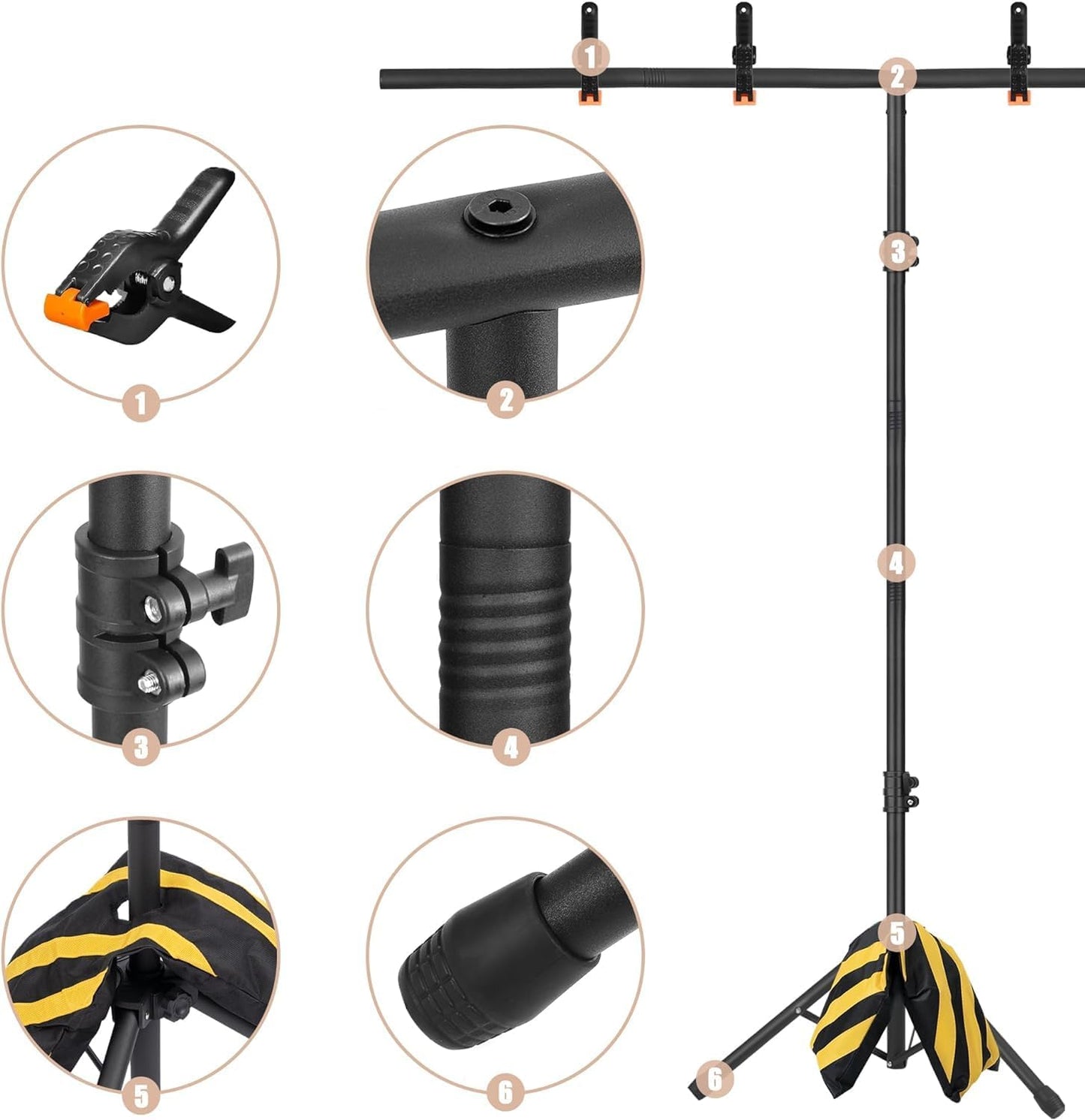 6.5x3.2ft T-Shape Backdrop Stand, Adjustable Background Support Stand Kit, Portable Photo Banner Holder with 4 Spring Clamps, Sandbag, Carry Bag for Party, Wedding, Photography and Decoration