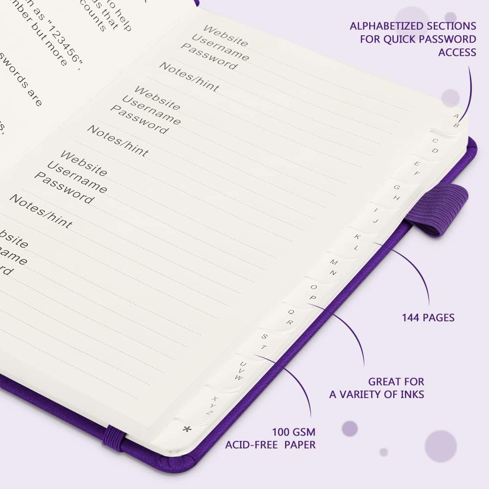 JUBTIC Password Book with Alphabetical Tabs. Medium Size Password Keeper Logbook for Internet Log in, Website Address. Hardcover Password Journal Notebook & Organizer for Home Office, Violet Purple