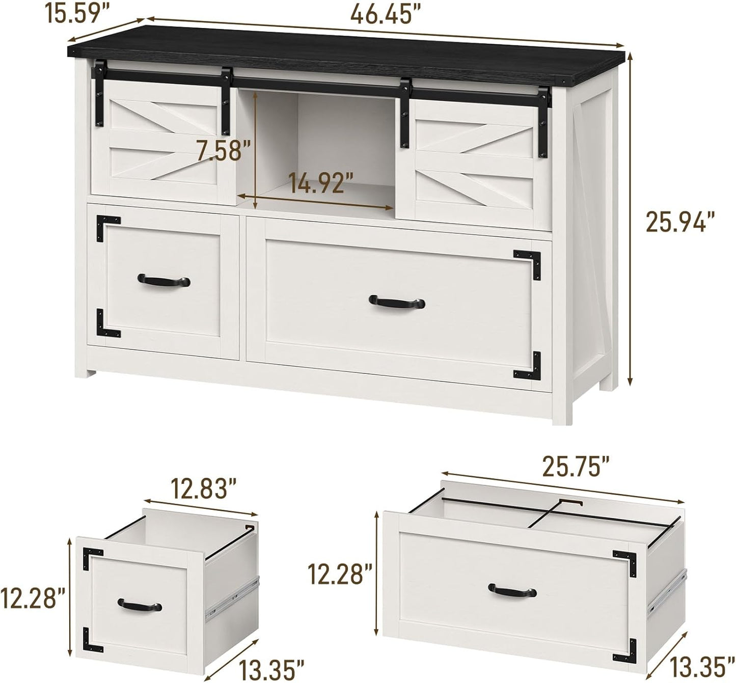 Lateral File Cabinets 2 Drawer with Sliding Barn Doors, Farmhouse Filing Cabinet with 2 Drawer for Home Office，Filing Organization Storage Cabinets for Hanging Files Letter/Legal/F4/A4.(Black.)