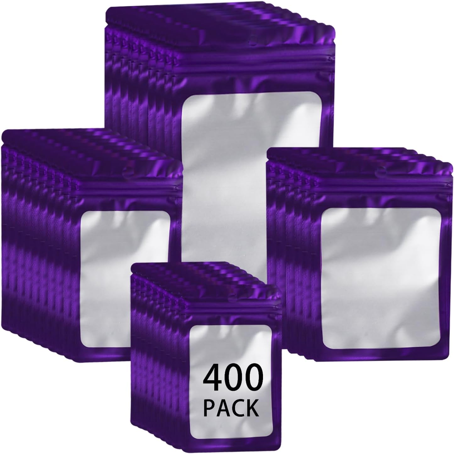 400 Pack 4 Sizes Resealable Mylar Holographic Bags Food Storage Smell Proof Bags with Front Window, Zipper Foil Packaging Pouch for Sample Jewelry Small Business (Purple,3x4.7,3.1x5.5,4x 6,4.7x 7.9in)