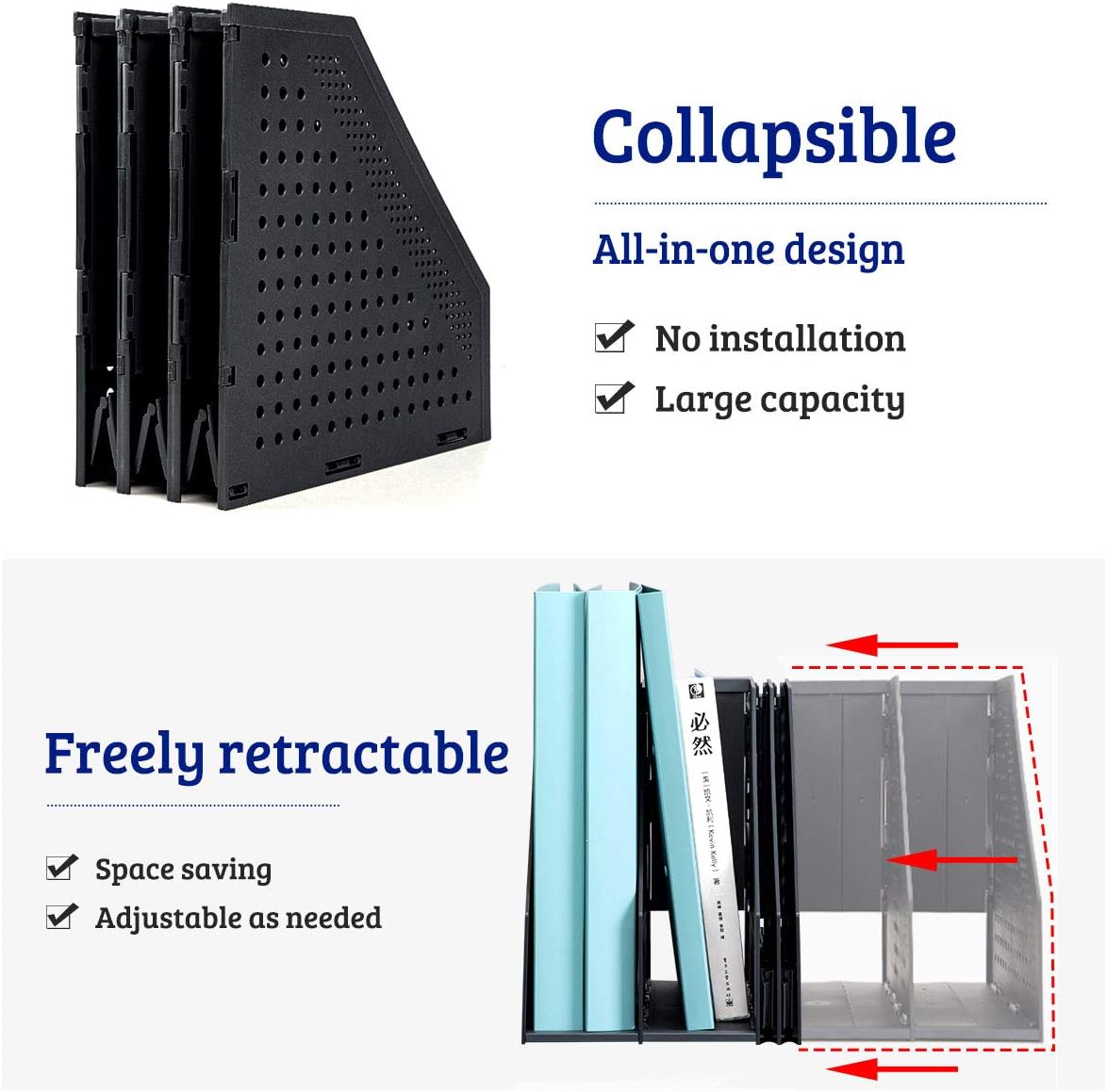 SAYEEC Collapsible Magazine Holder Plastic Desktop 4 Compartment File Rack Magazine Organizer Vertical File Divider Sorter Storage Document Organizer for Office Home School Black