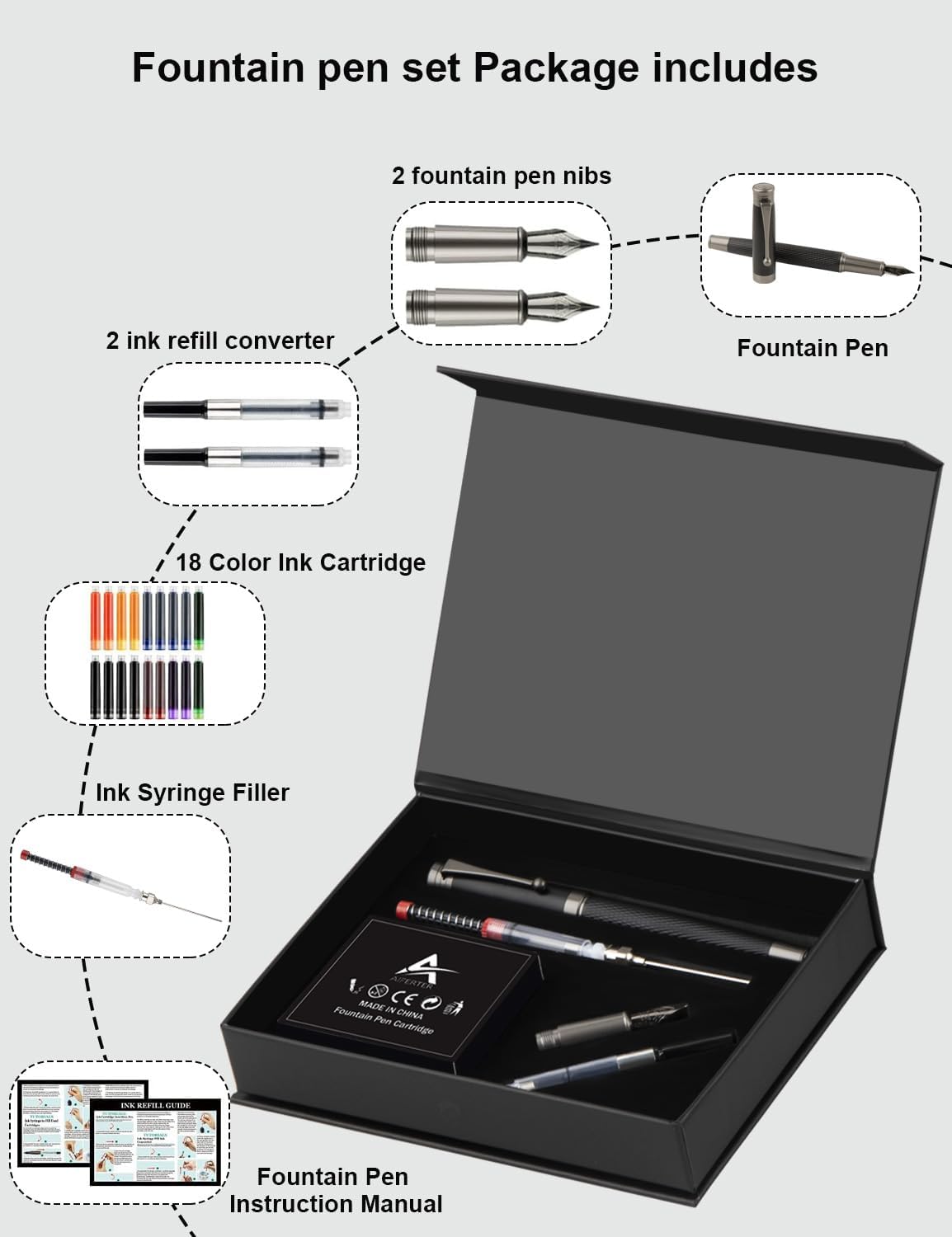 Aifeiter Fountain Pen Set - 2 Nibs + 18 Ink Cartridges + 2 Converters & Syringe | Professional Writing Tool | Premium Gift Box for Men/Women | Perfect for Beginners & Calligraphy