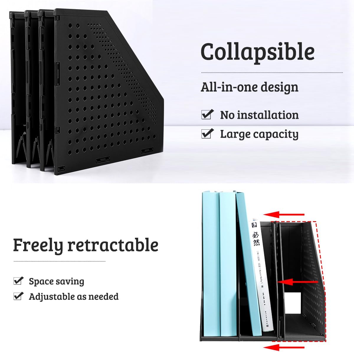 SAYEEC 1Pcs Collapsible Plastic Magazine File Holder Vertical Binder Storage Organizer for Desk Sturdy Upright Desktop Magazine Organizer Folder Rack for Office School Home (3 Compartments, Black)