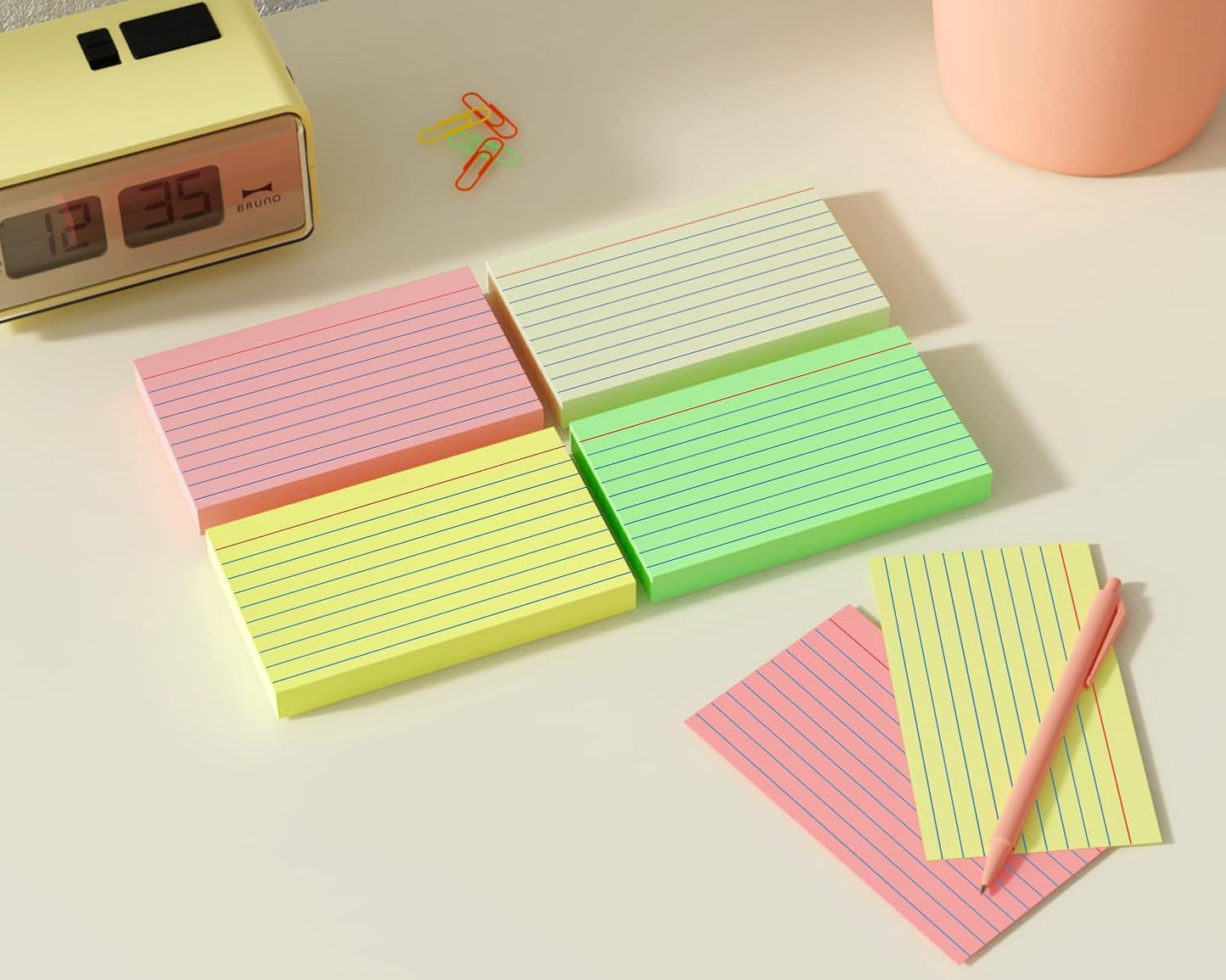 200 PCS Colored Index Cards 3x5, Ruled Index Cards, Flash Cards for Studying, Heavy Note Cards for Office, Home and School，Light Red/Green/Yellow/Beige 4 Colors, 50 PCS of Each Color