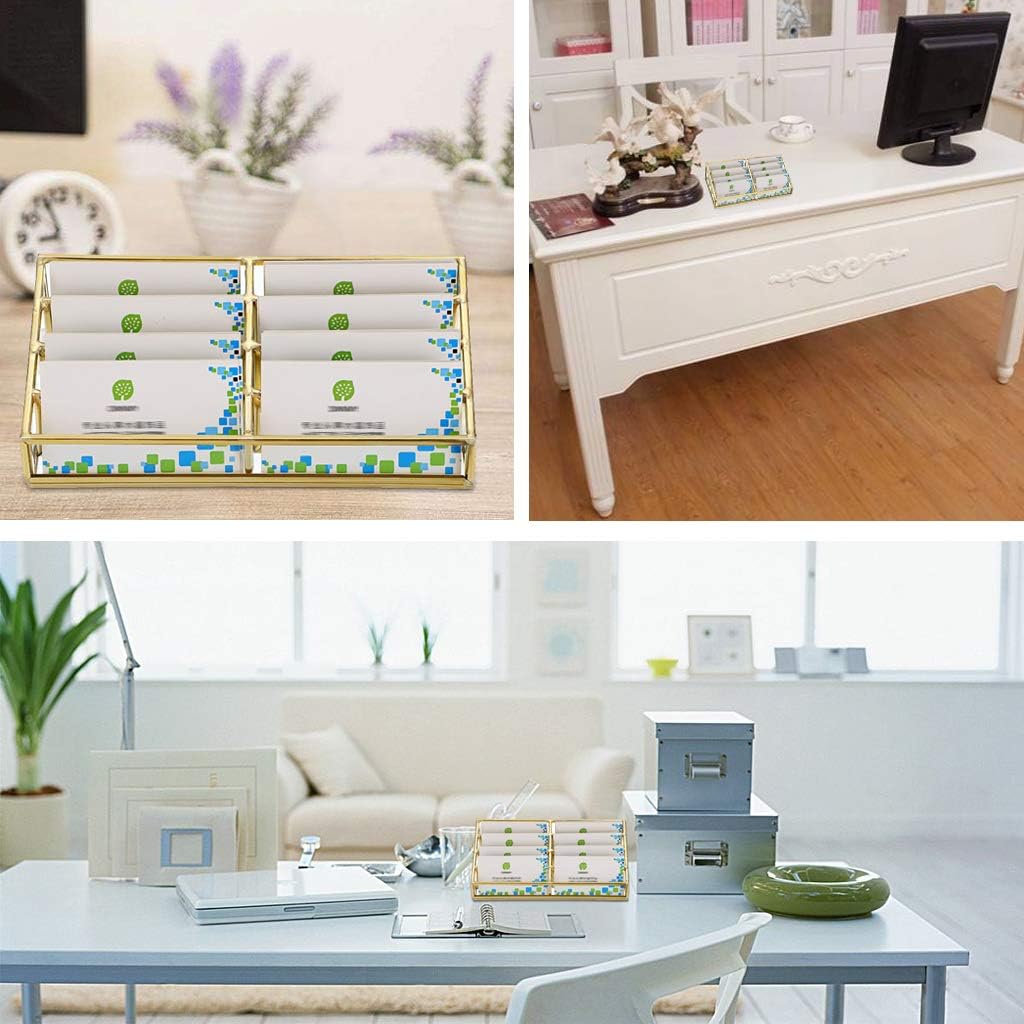 Hipiwe Glass Business Card Holder Stand 8 Slot Name Cards Display Storage Holder Gold Metal Business Cards Organizer for Office Desktop Countertop