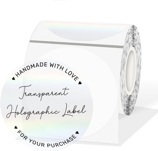 3" Round Transparent Clear Thermal Label Stickers, Holographic Clear Self-Adhesive Direct Thermal Labels, Perforation Line Design& Waterproof- 200 Sheets