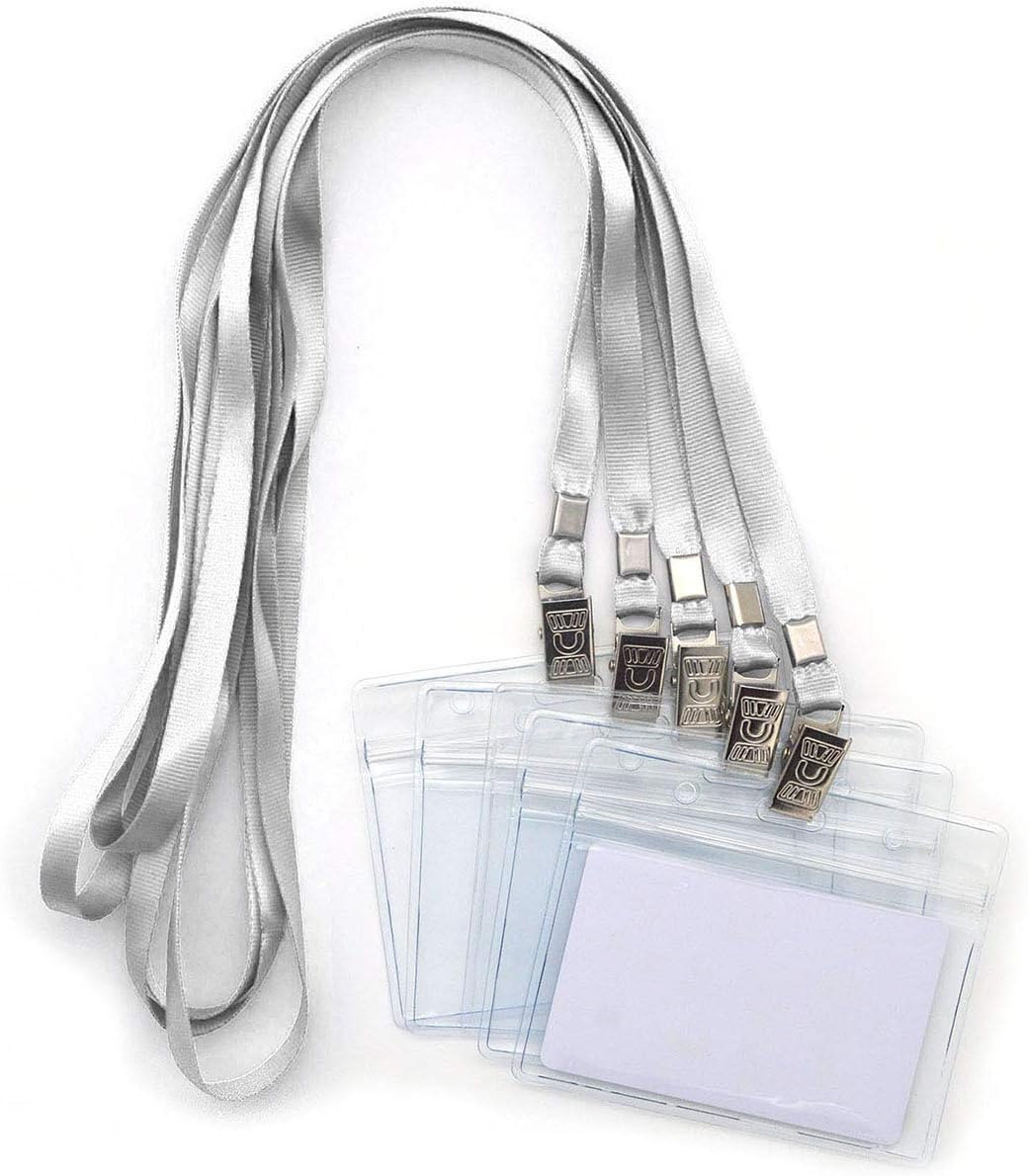 Bird Fiy Lanyards with id Holder Name Badges 50 Pcs Waterproof Type Clear Plastic Horizontal Name Tag Badge Id Card and 50 Pcs Lanyard (Gray)