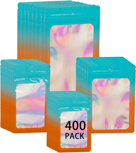 400 Pack 4 Sizes Resealable Mylar Holographic Bags Food Storage Smell Proof Bags with Front Window Foil Packaging Pouch for Sample Jewelry Small Business (Blue to Orange,3x4.7,3.1x5.5,4x 6,4.7x 7.9in)
