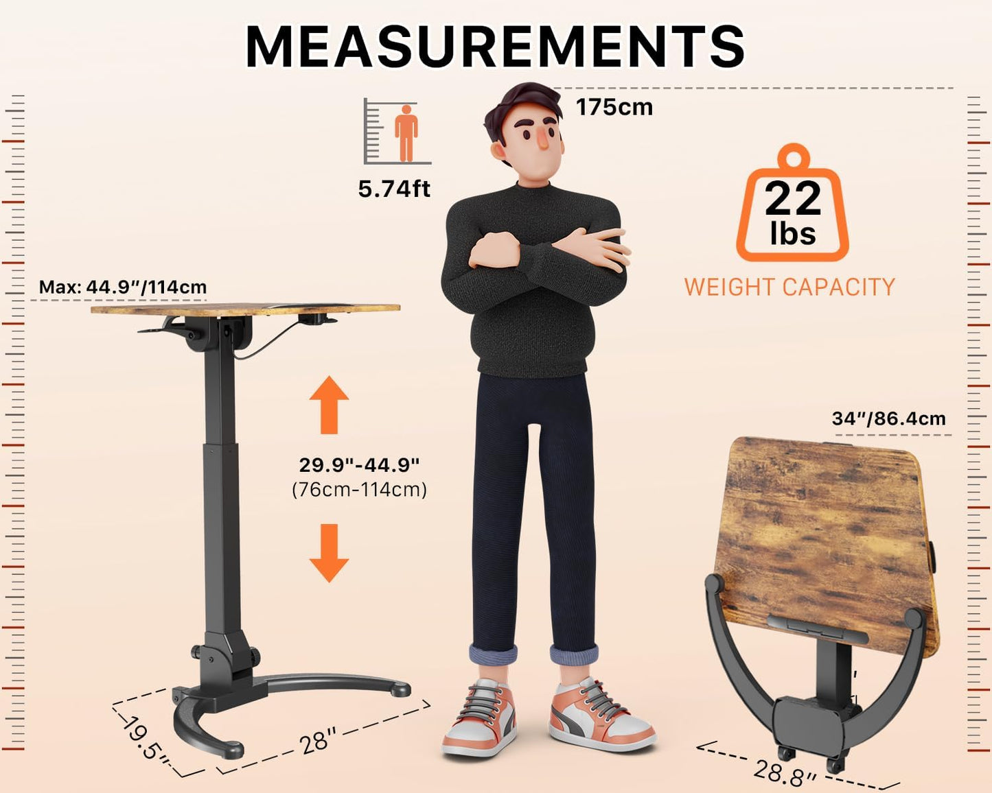 JOY worker Foldable Mobile Standing Desk, Pneumatic Height Adjustable Sit Stand Desk, 90° Tiltable Rolling Laptop Table, Portable Workstation with Non-Slip Mat for Home Office, Holds Up to 22lbs