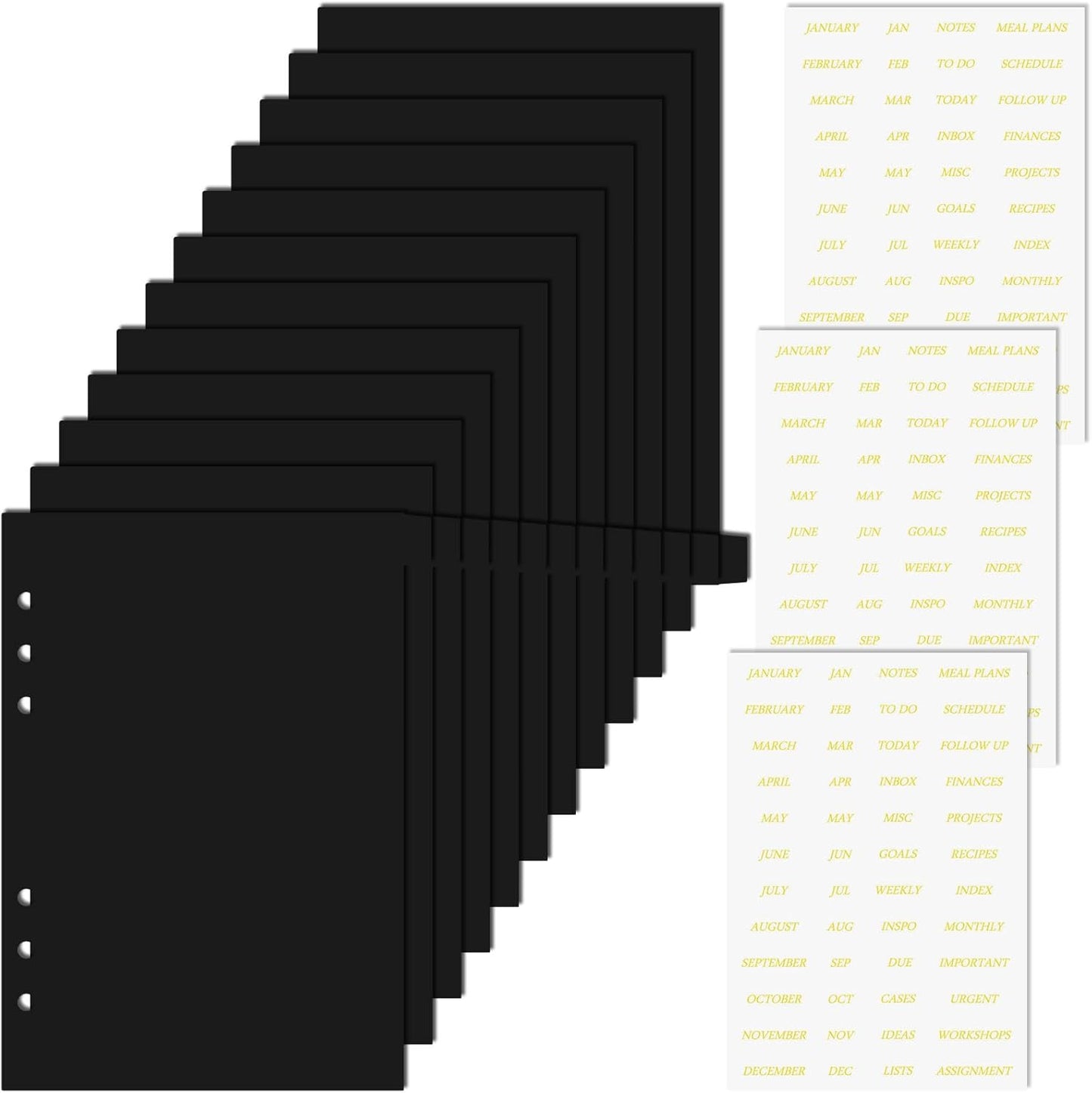 A5 Plastic Binder Dividers 6 Holes Durable Plastic Tab Dividers for 6-Ring Binders, Notebooks, Planners, 5.7x8.3 inch (Black, 12 tab)