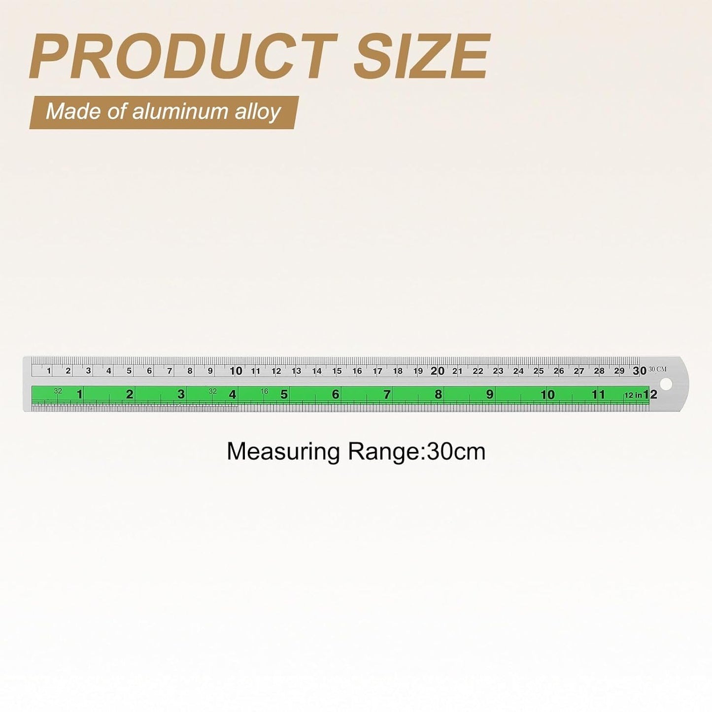 HARFINGTON 6pcs Metal Straight Ruler 30cm Metric SAE Aluminum Alloy Measuring Rulers Scale Tool with Hole for Measure Study Reading Classroom Office, Green