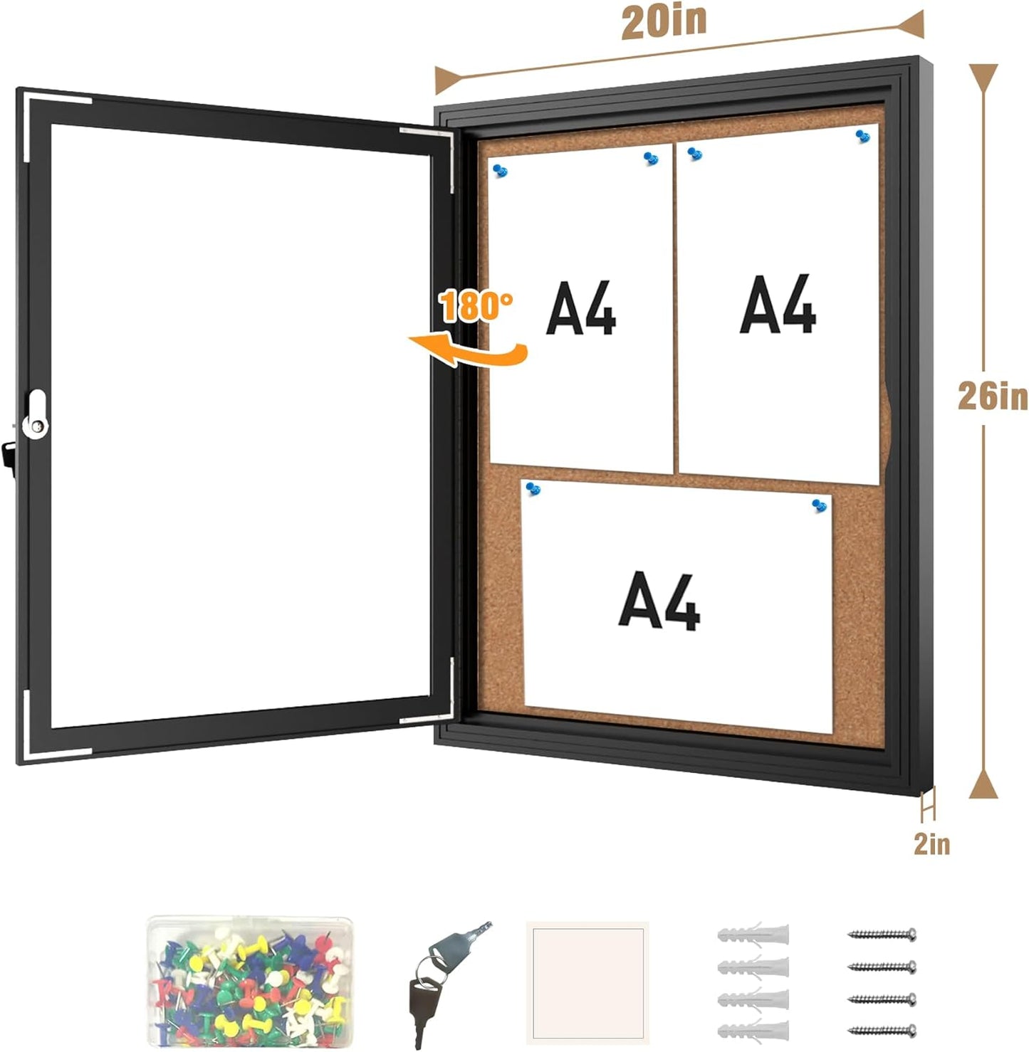 26"x20" Enclosed Bulletin Board, Outdoor Lockable Weather-Resistant Aluminum Cork Noticeboard for School & Office, Black Frame w/Cork